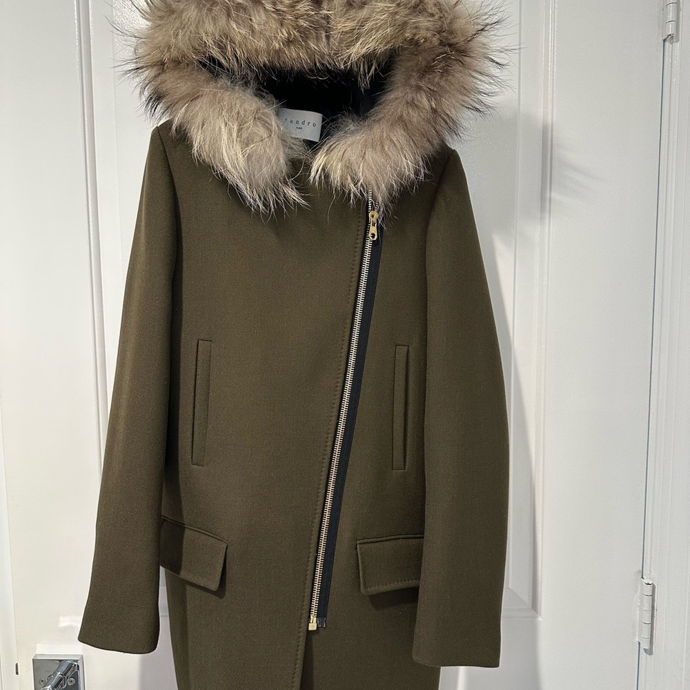 Sandro Khaki Wool Coat with Fur Hood